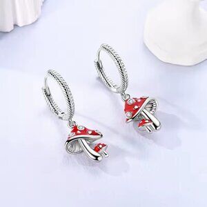 NEW  925 Silver Enamel Red Mushroom Drop Earrings | Fairy Garden Gift